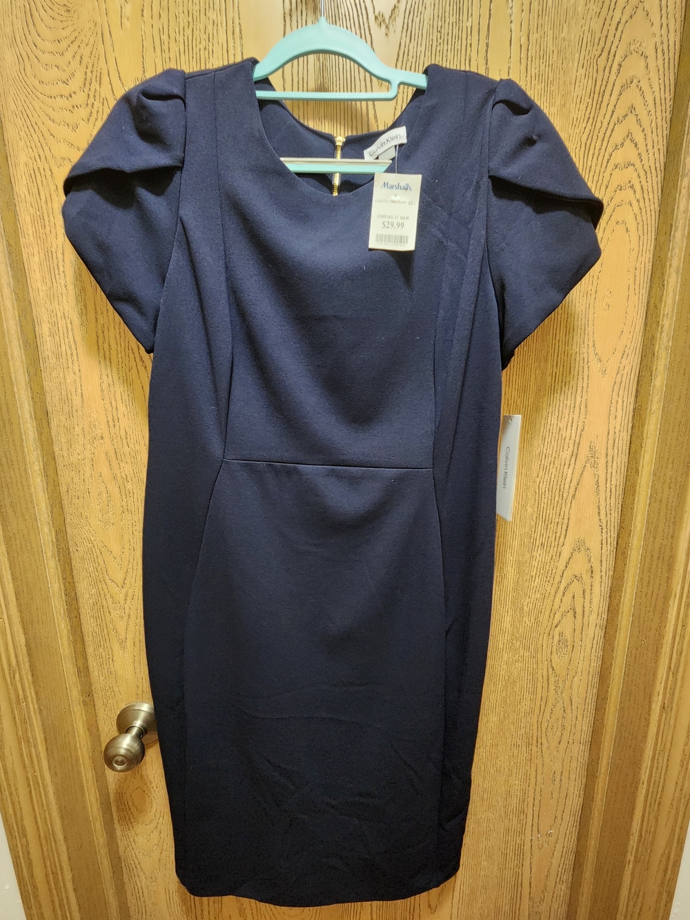 Calvin Klein Navy Midi Sheath Dress with Puff Shoulders